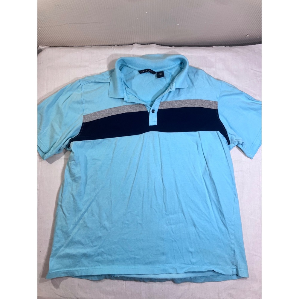 Sean John Mens XL Polo Shirt Light Blue Colorblock‎ Stripe Short Sleeve Cotton